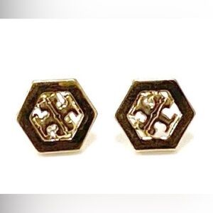 Tory Burch Gold-Tone Hexagon Logo Stud Earrings with Black Enamel